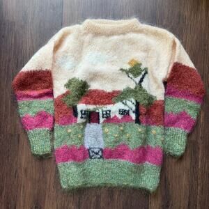 Vintage Susan Vale Hand-Knitted Mohair Sweater – Cottage Scene – Made in UK